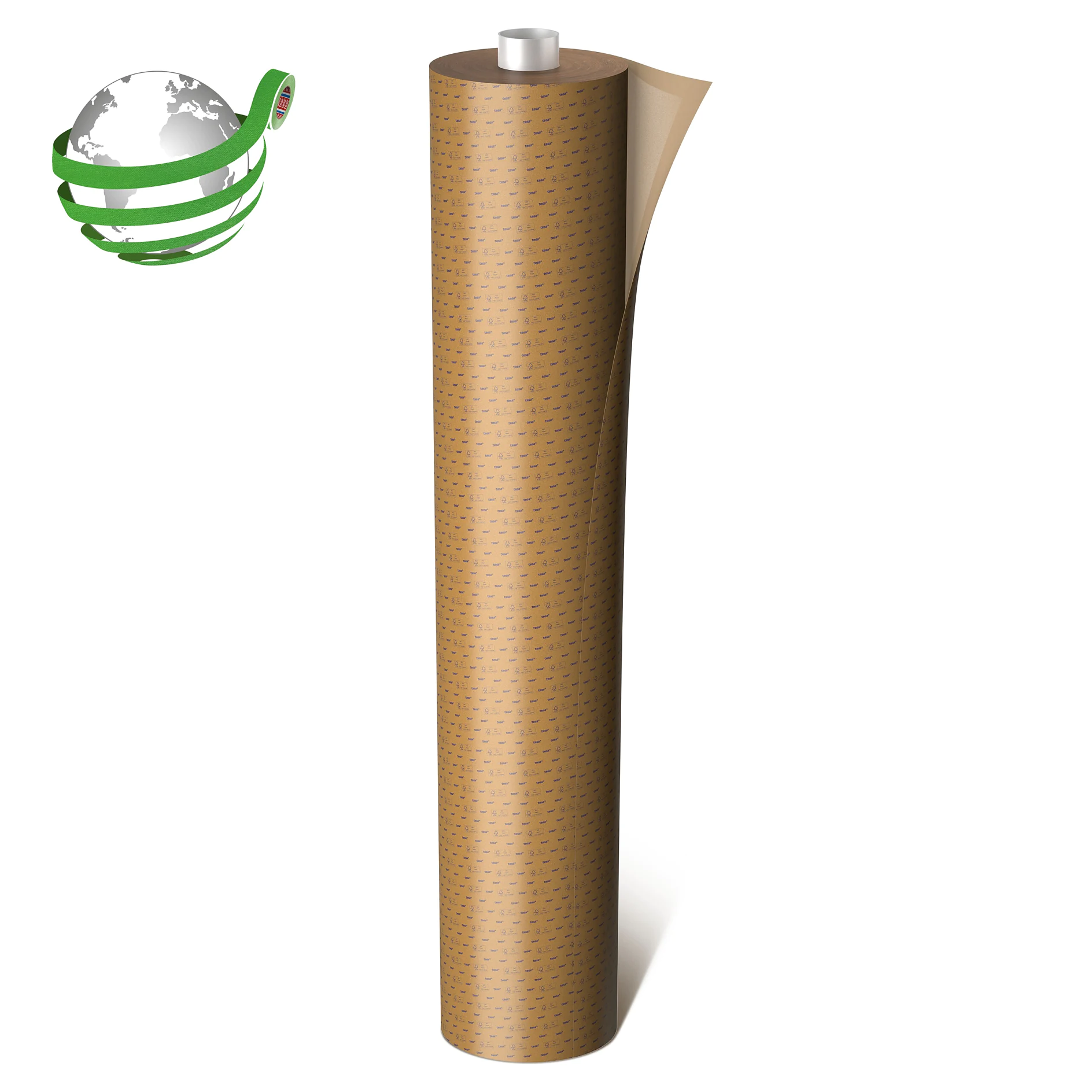 roll of brown tesa adhesive tape standing upright with a partially unrolled edge on a white background (This text has been generated by AI)