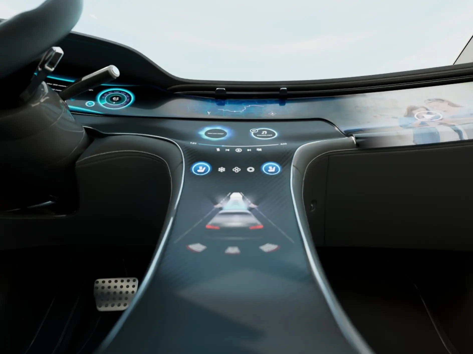 Futuristic car interior featuring a sleek dashboard with embedded digital displays. The center console has touch controls and a digital representation of the car. A steering wheel and foot pedal are visible on the left, secured with tesa tape for added stability. (This text has been generated by AI)