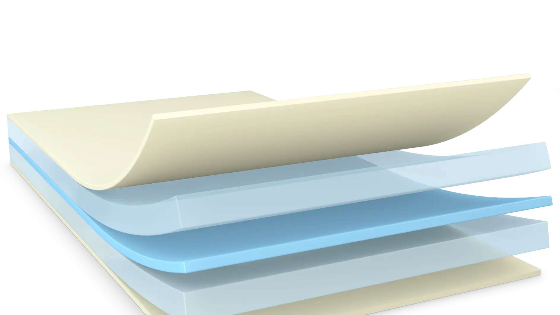 A stack of semi-transparent sheets layered on top of each other. The bottom layer is opaque, cream-colored, while the three middle layers are translucent blue. The top layer is similar to the bottom one, partially peeled back at the corner with tesa tape visible.