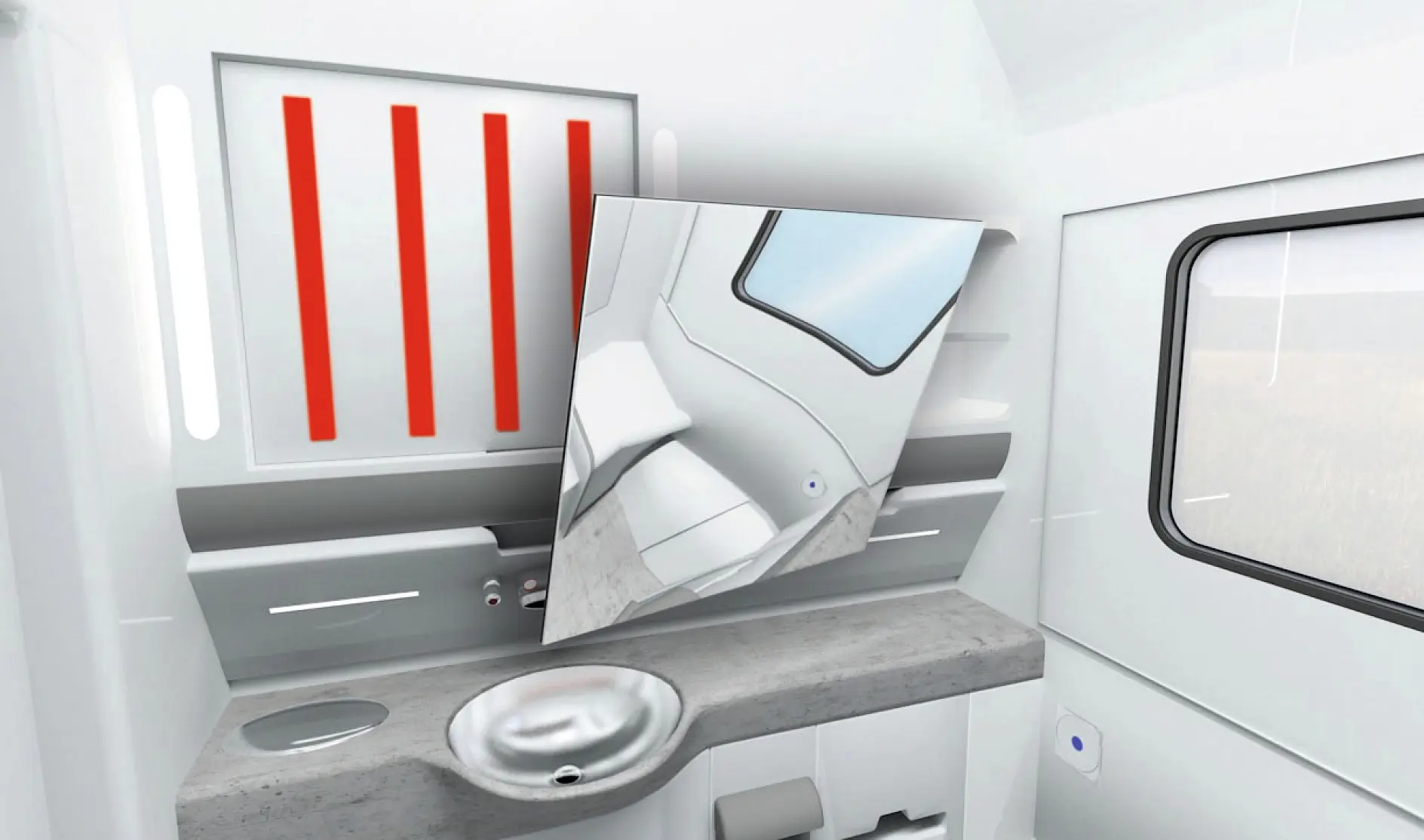 tesa tape dispenser mounted on a white wall above a gray countertop with a round sink in a compact, modern bathroom interior (This text has been generated by AI)