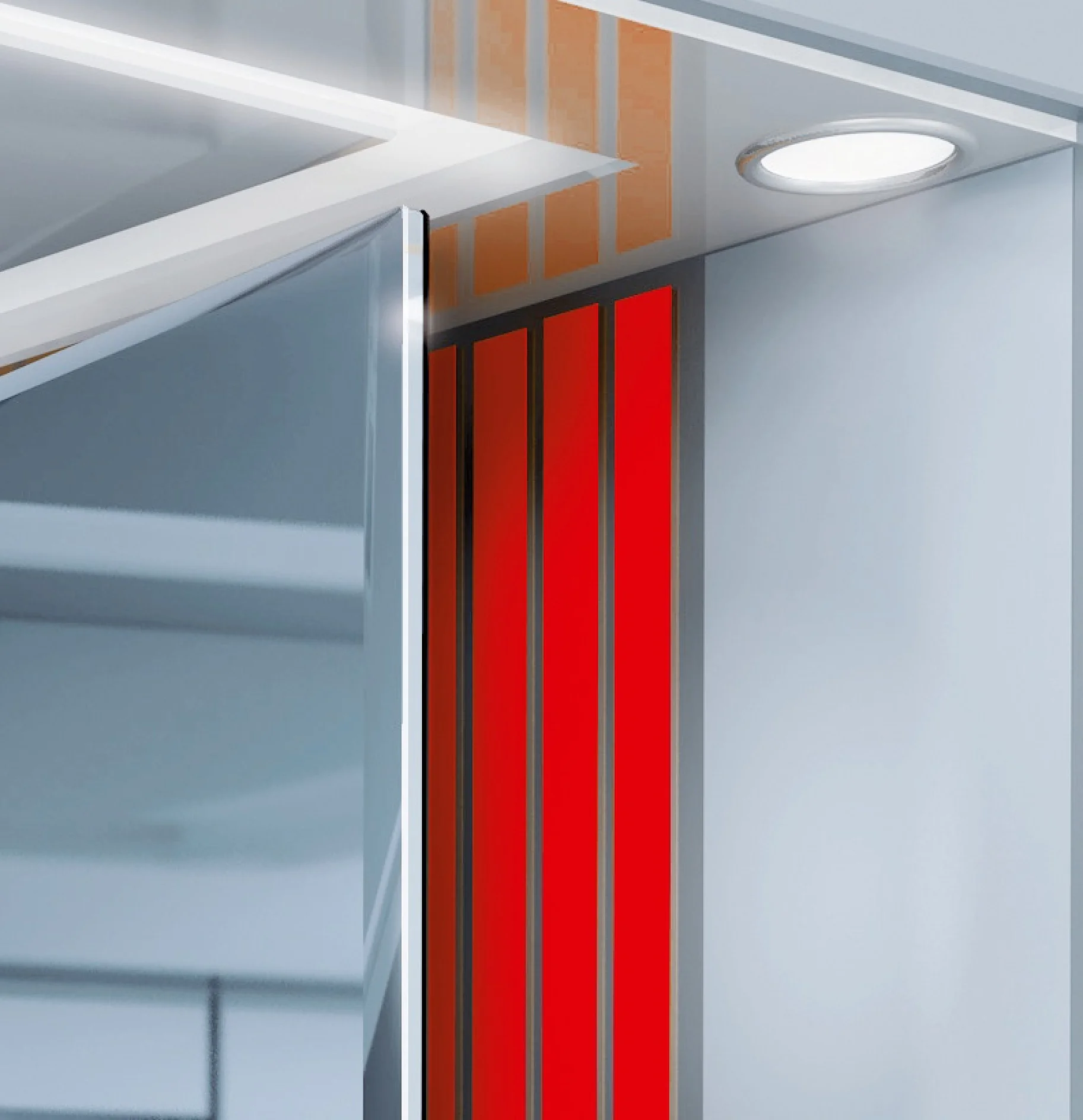 tesa adhesive strips securing a mirror to a wall in a modern indoor setting with ceiling light above (This text has been generated by AI)