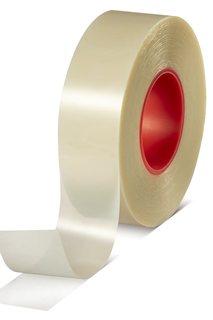 A roll of transparent tesa tape with a red core. The tesa tape is partially unrolled, displaying its adhesive side. The tesa tape is standing upright on its edge against a white background. (This text has been generated by AI)