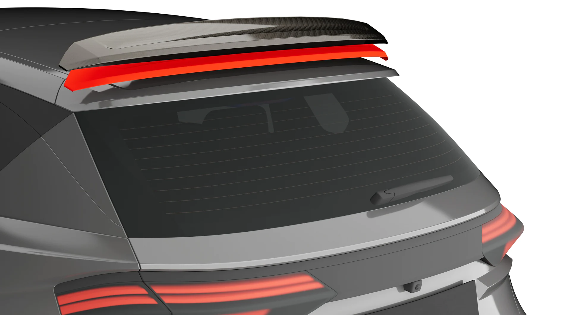 Close-up view of a cars rear, highlighting a black and red spoiler. The car has sleek tail lights and a sloping rear window with dark tint. The car body is a metallic gray color. (This text has been generated by AI)