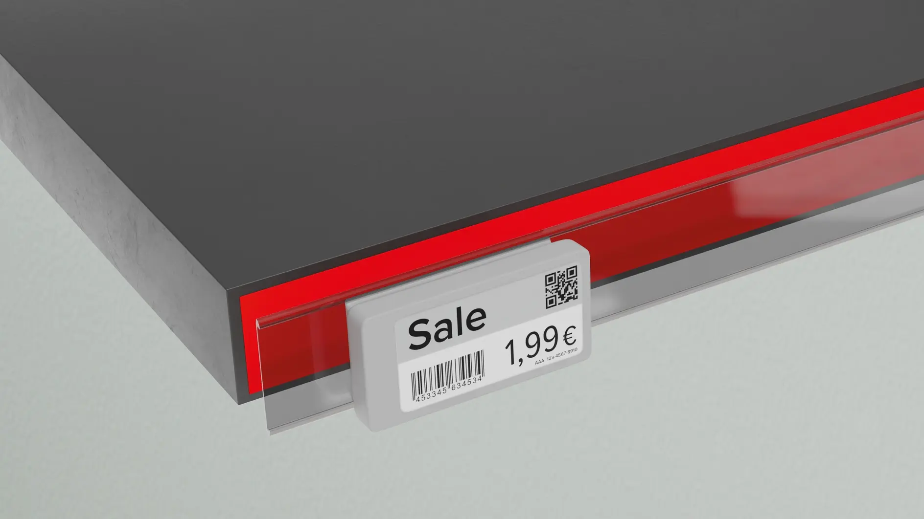 tesa red shelf label holder attached to a gray retail shelf displaying a sale price tag of 1.99€ in an indoor store setting (This text has been generated by AI)