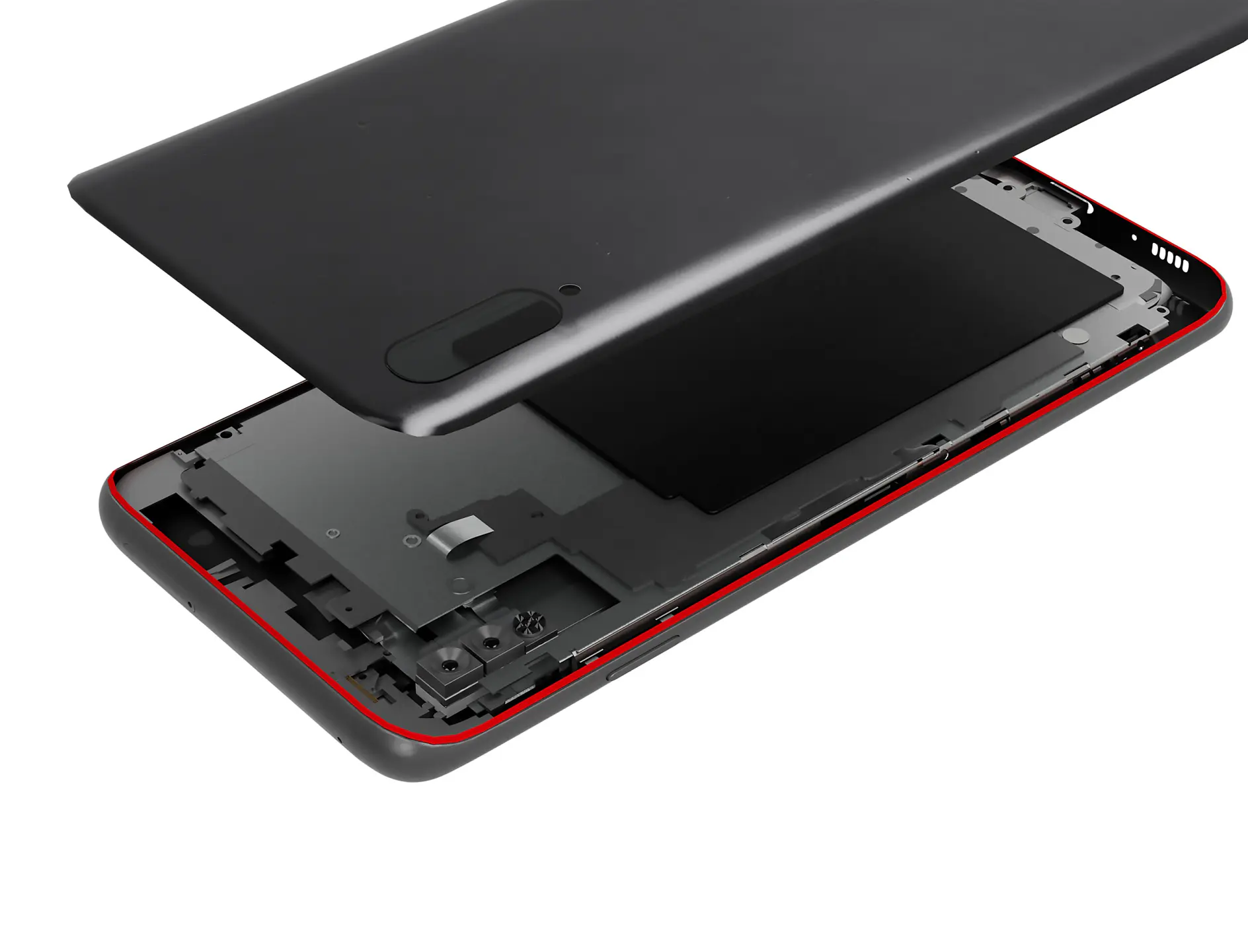 smartphone with red frame partially disassembled, showing internal components and back cover lifted indoors on white background (This text has been generated by AI)