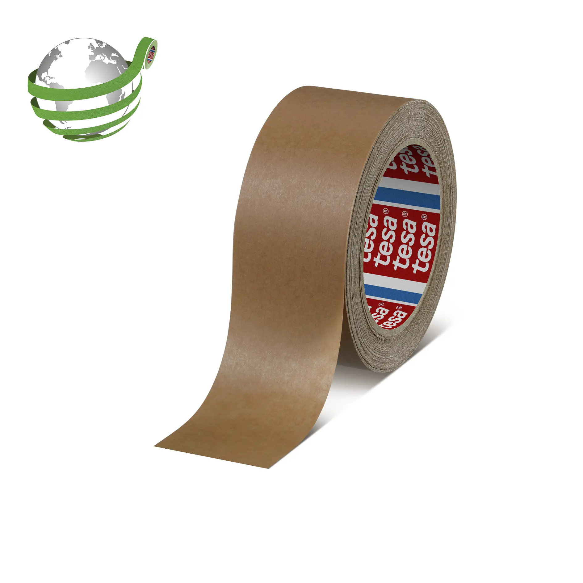Roll of brown tesa adhesive tape with partially unrolled strip on white background, studio setting. (This text has been generated by AI)
