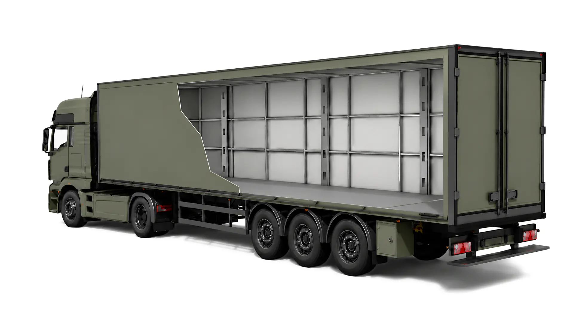 A green semi-truck with its trailer side cut away shows an empty metal compartment. The truck is on a plain white background. (This text has been generated by AI)