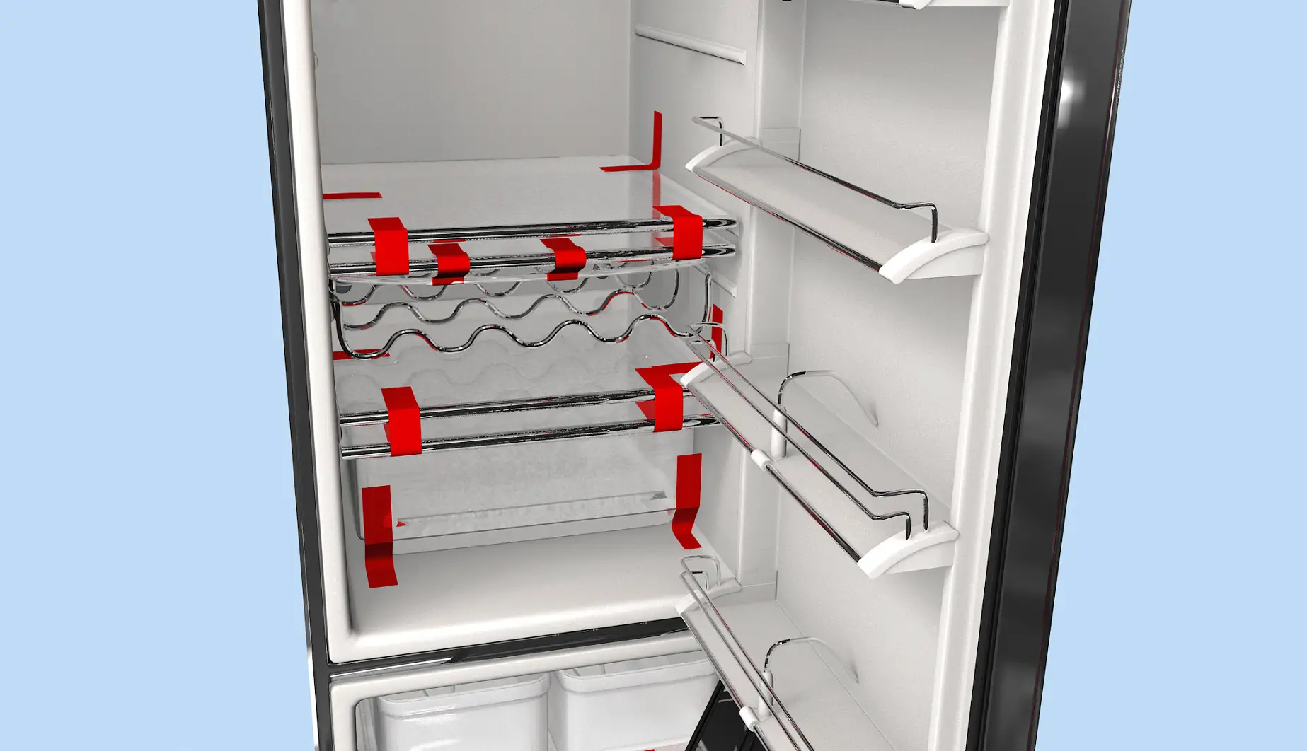 During transport, glass shelves and loose bins are fixed with strapping tape.