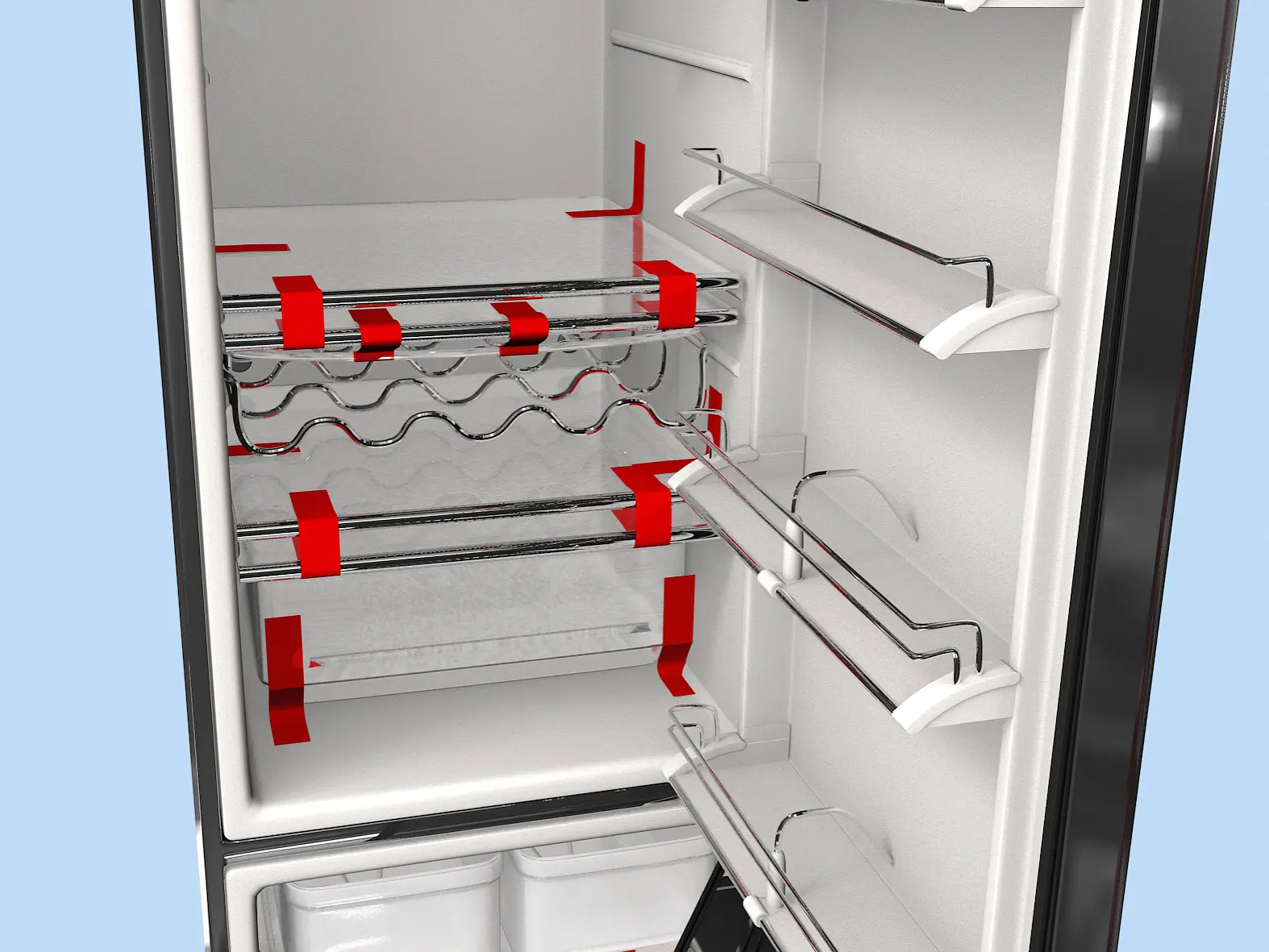 During transport, glass shelves and loose bins are fixed with strapping tape.