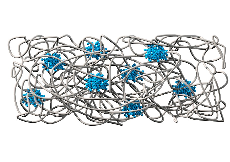 synthetic rubber The chemical structure shows a rubber matrix (grey) that provides adhesion and elasticity. And Polystyrene Domains (blue) that provide cohesion and tear resistance.