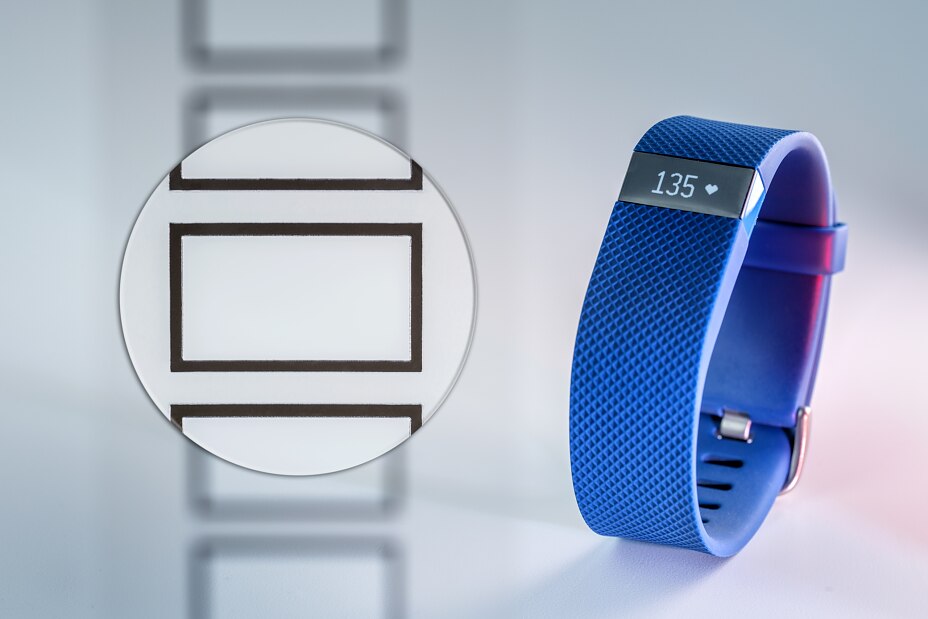Fitness tracker and die-cut Small adhesive area, big performance: The die-cuts used in fitness trackers need to be resistant to exposure to various substances, including sunscreen and soap. The tesa product range currently comprises four double-sided adhesive tapes ranging in thickness from 50 to 250 micrometers