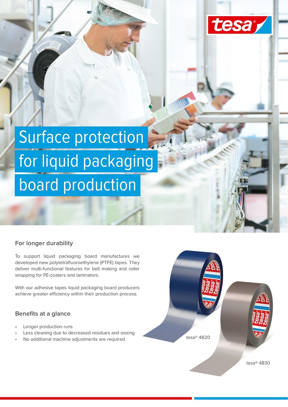 Surface Protection for Liquid Packaging Board Production Flyer for PTFE tapes for belting and roller wrapping.