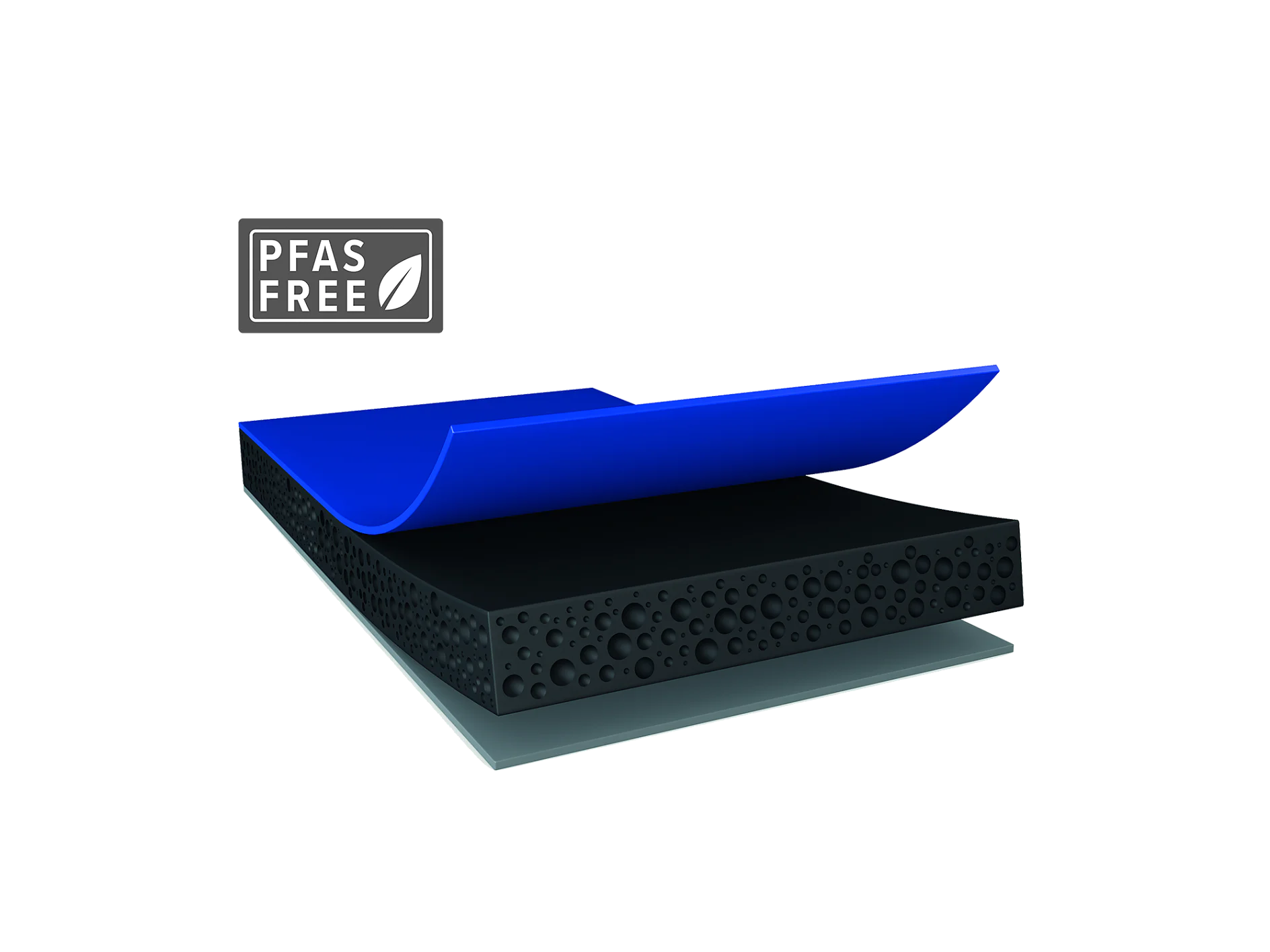tesa® ACXplus 76730 Box Seal A blue sheet partially peeled back to reveal a textured black layer underneath, secured with tesa tape. A PFAS Free label with a leaf icon is present in the top left corner. (This text has been generated by AI)