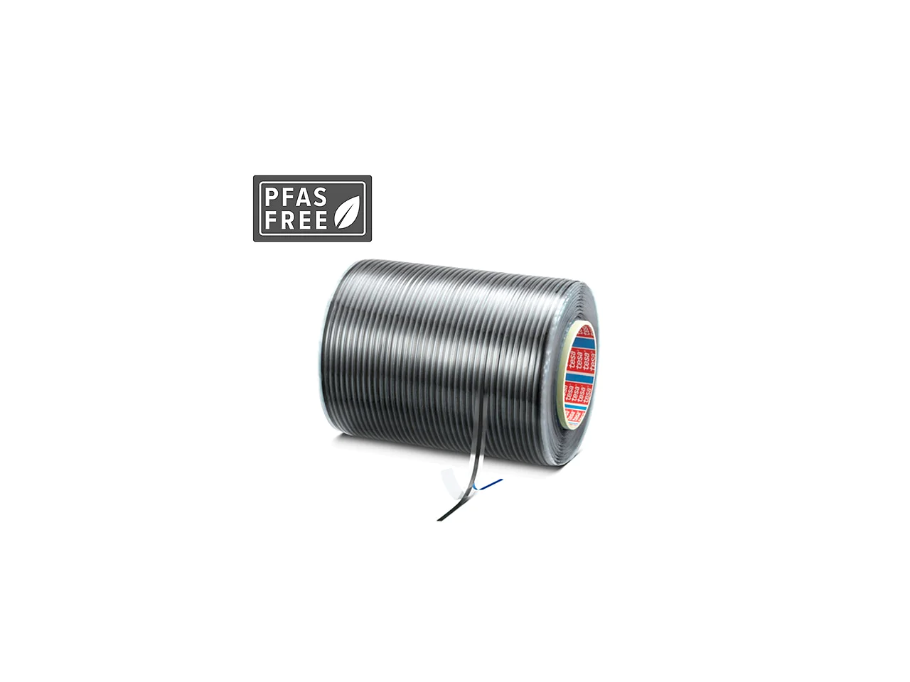 A large coiled wire with a red and white label at the center, featuring two exposed wire ends. There is a PFAS Free label with a leaf icon in the top left corner. The background is plain and white, and the product appears to be bundled or secured using tesa tape. (This text has been generated by AI)