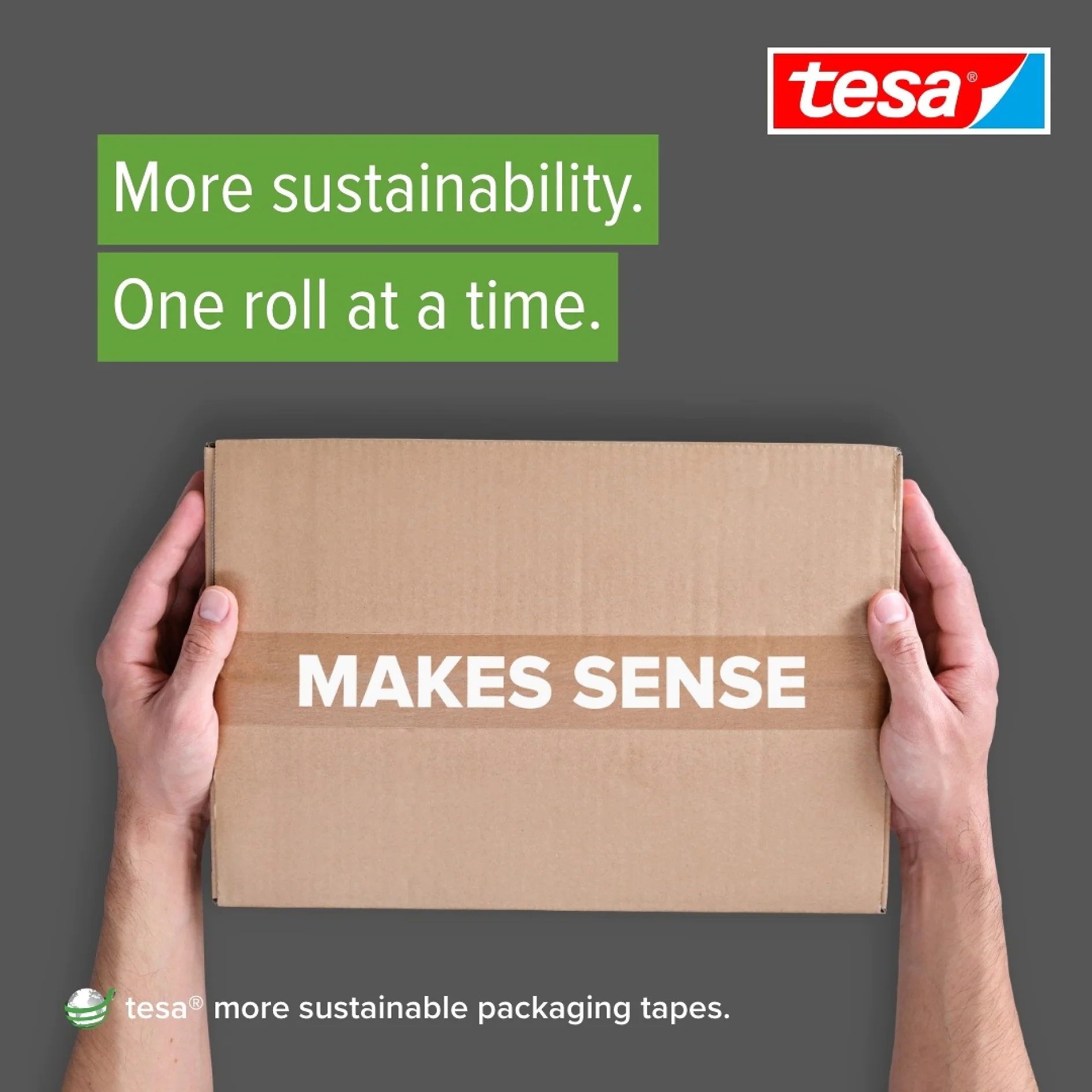 Hands holding a cardboard box with the text MAKES SENSE on it. The background is gray, featuring a green slogan that reads More sustainability. One roll at a time. The tesa logo and mention of sustainable tesa tape are visible. (This text has been generated by AI)