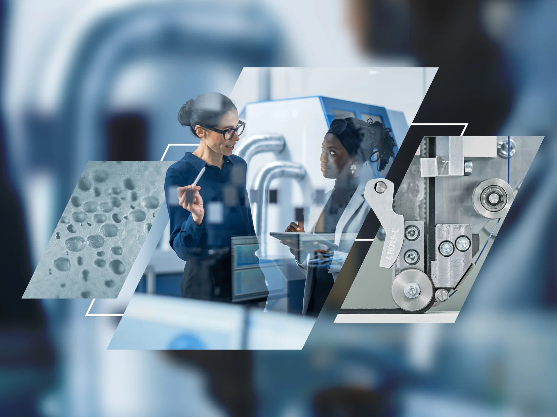 Two people conversing in a lab, with three overlaid images showing a close-up of a metallic surface held together by tesa tape, industrial machinery using tesa tape applications, and a microscope view. The scene suggests a discussion in a scientific or industrial setting. (This text has been generated by AI)