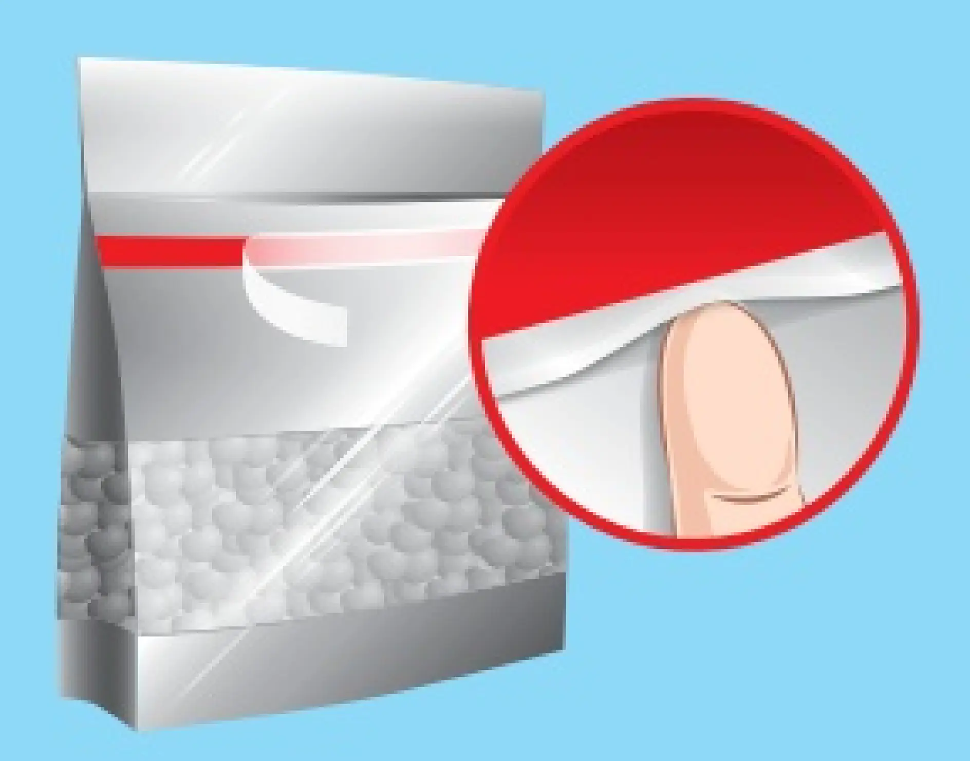 Illustration of a resealable plastic bag with a red and white seal. A finger peels back the tesa tape adhesive strip in a close-up inset, demonstrating the sealing process. The bag contains small, round items and is set against a light blue background. (This text has been generated by AI)