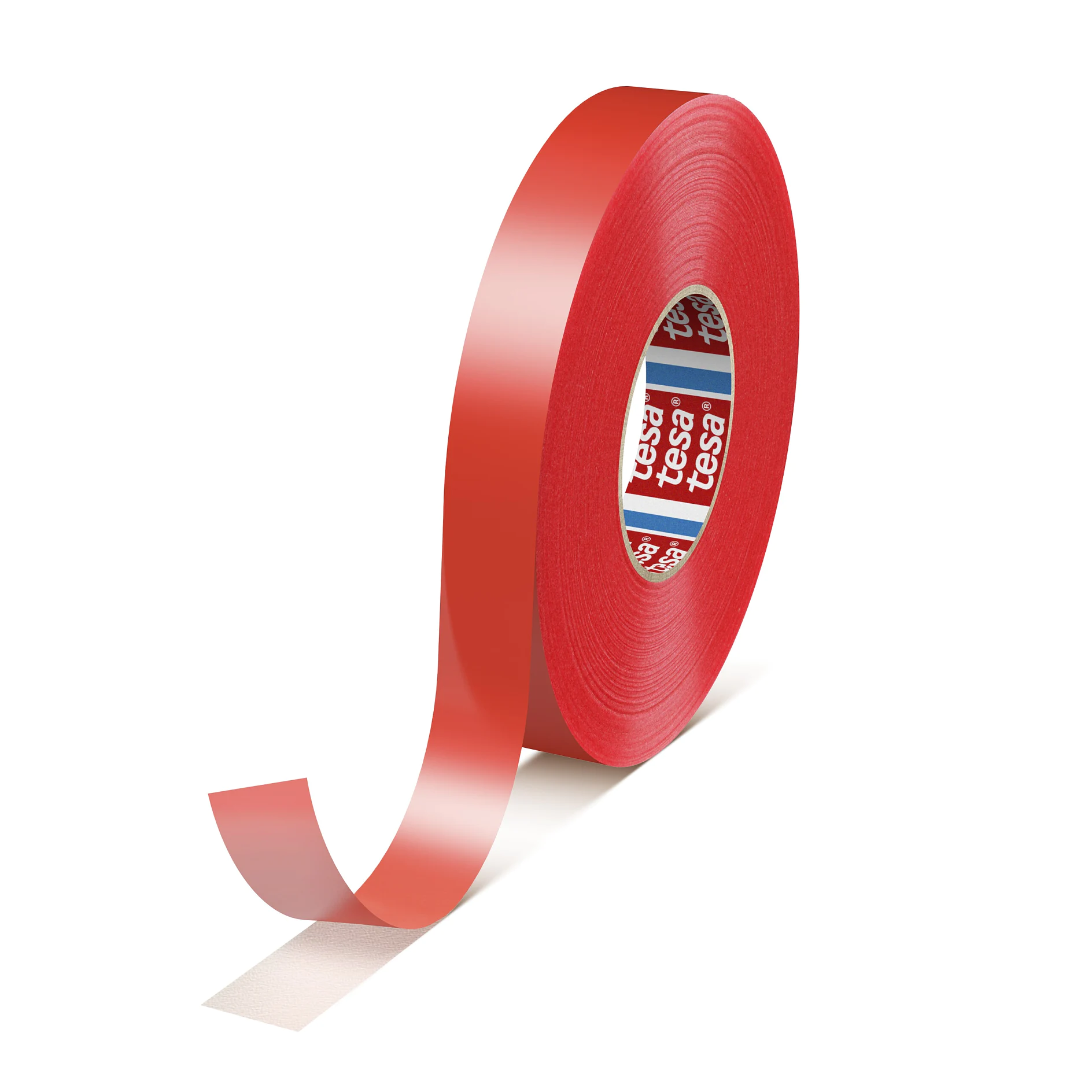 red tesa adhesive tape roll standing upright with a loose end extending forward on a white background (This text has been generated by AI)