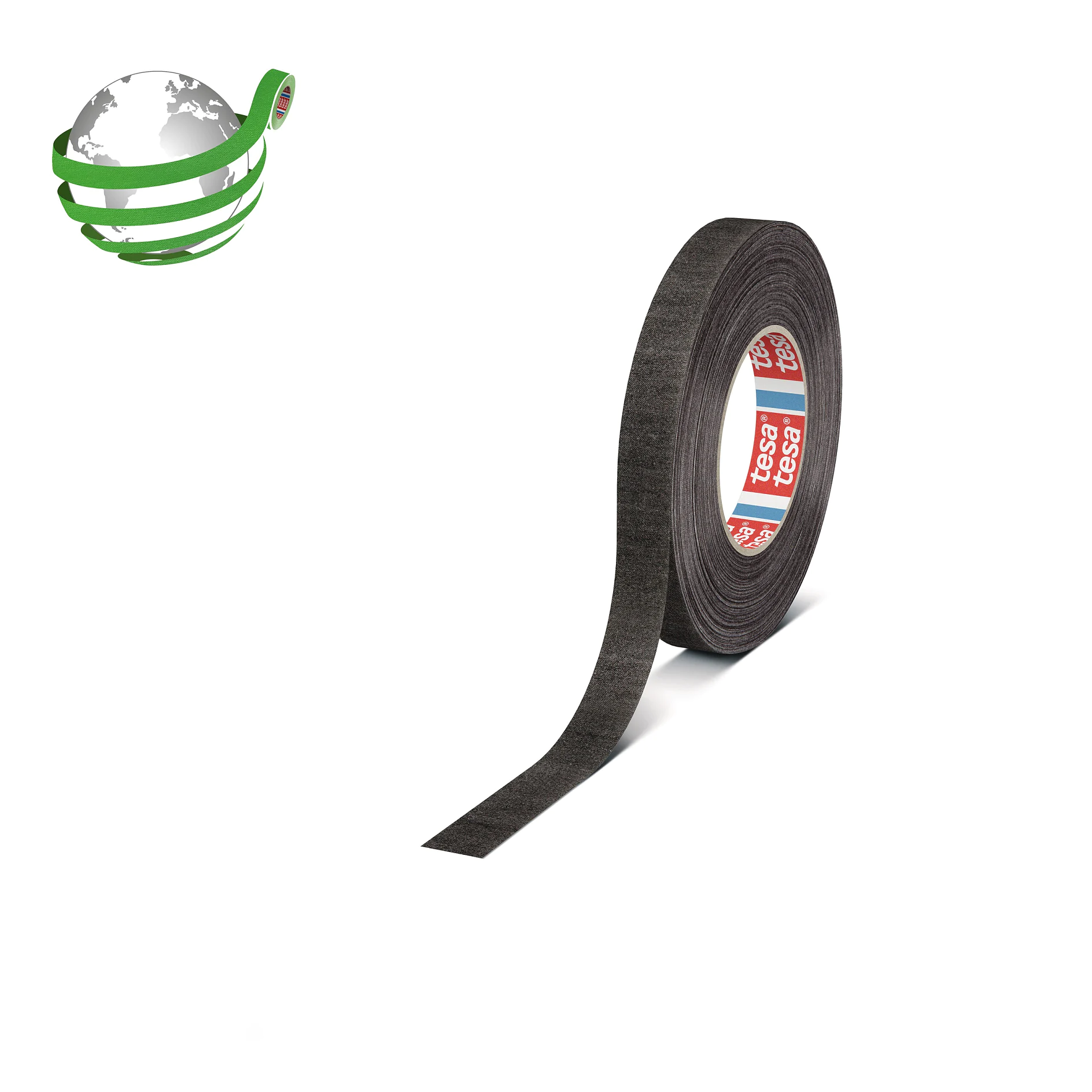 Roll of black tesa adhesive tape partially unrolled on a white background with a green globe logo in the corner. (This text has been generated by AI)
