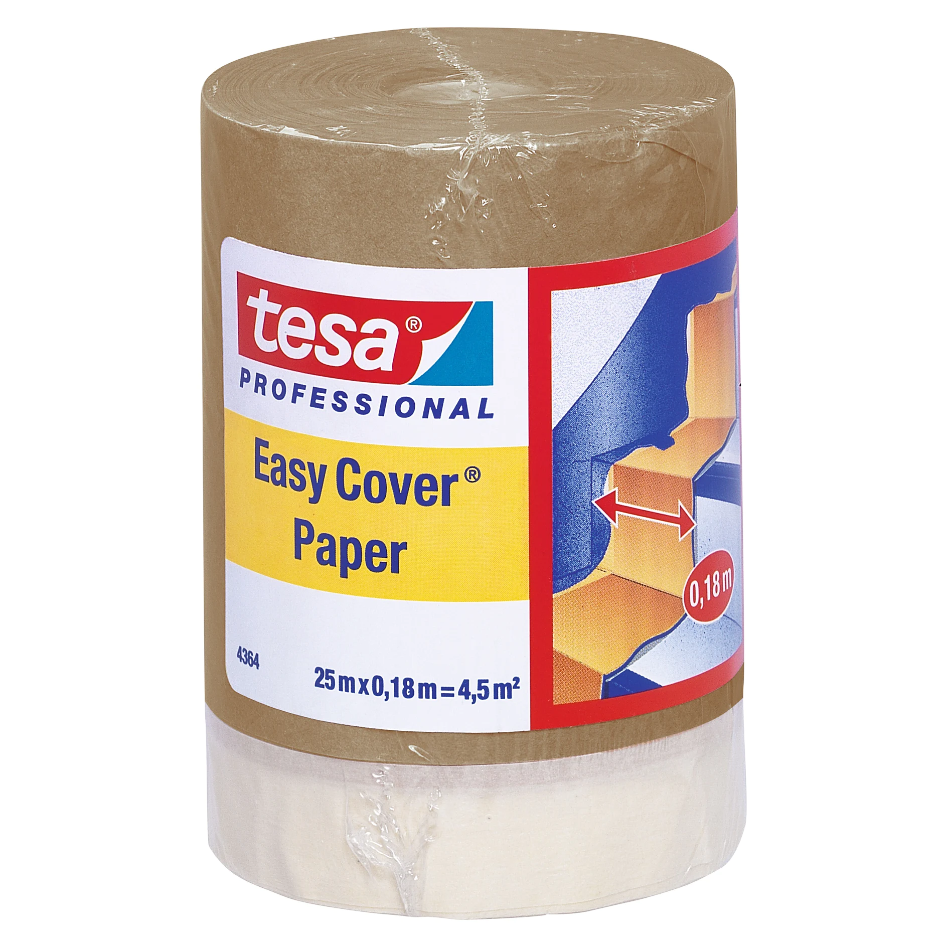 tesa professional easy cover paper roll for masking and surface protection in painting, wrapped in clear plastic, studio background (This text has been generated by AI)
