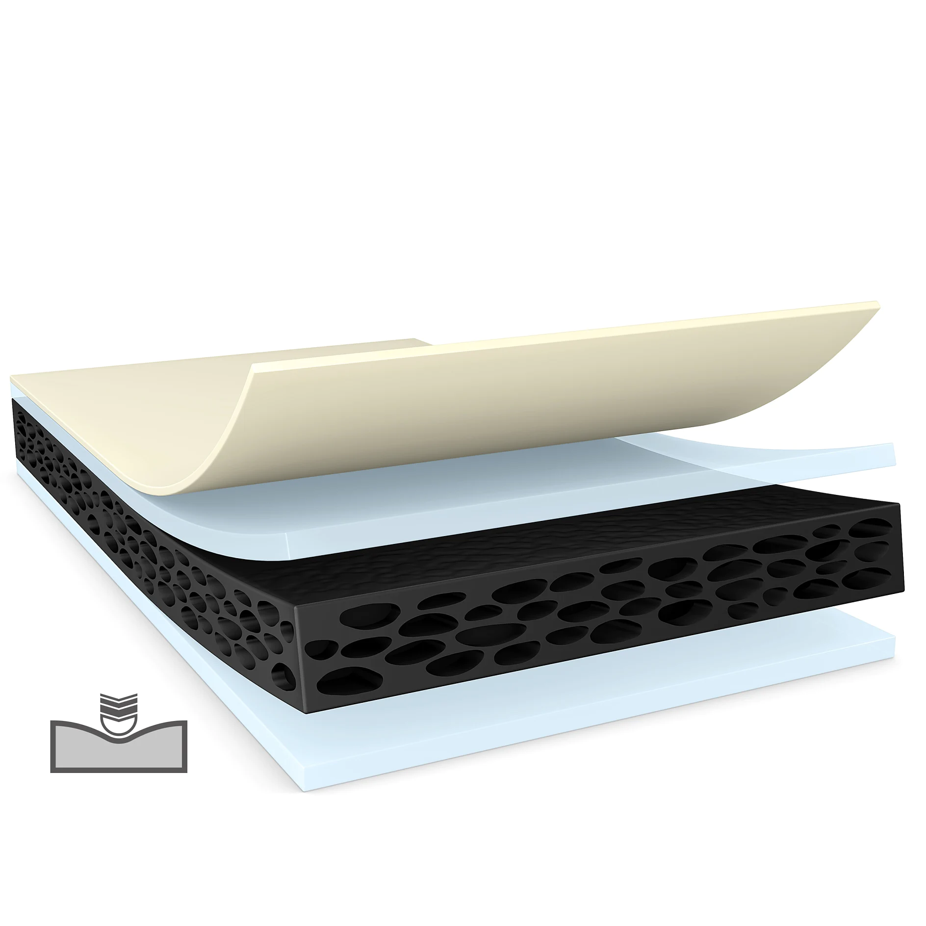 tesa adhesive tape layers showing foam core with honeycomb structure and protective liners in a digital 3D rendering (This text has been generated by AI)