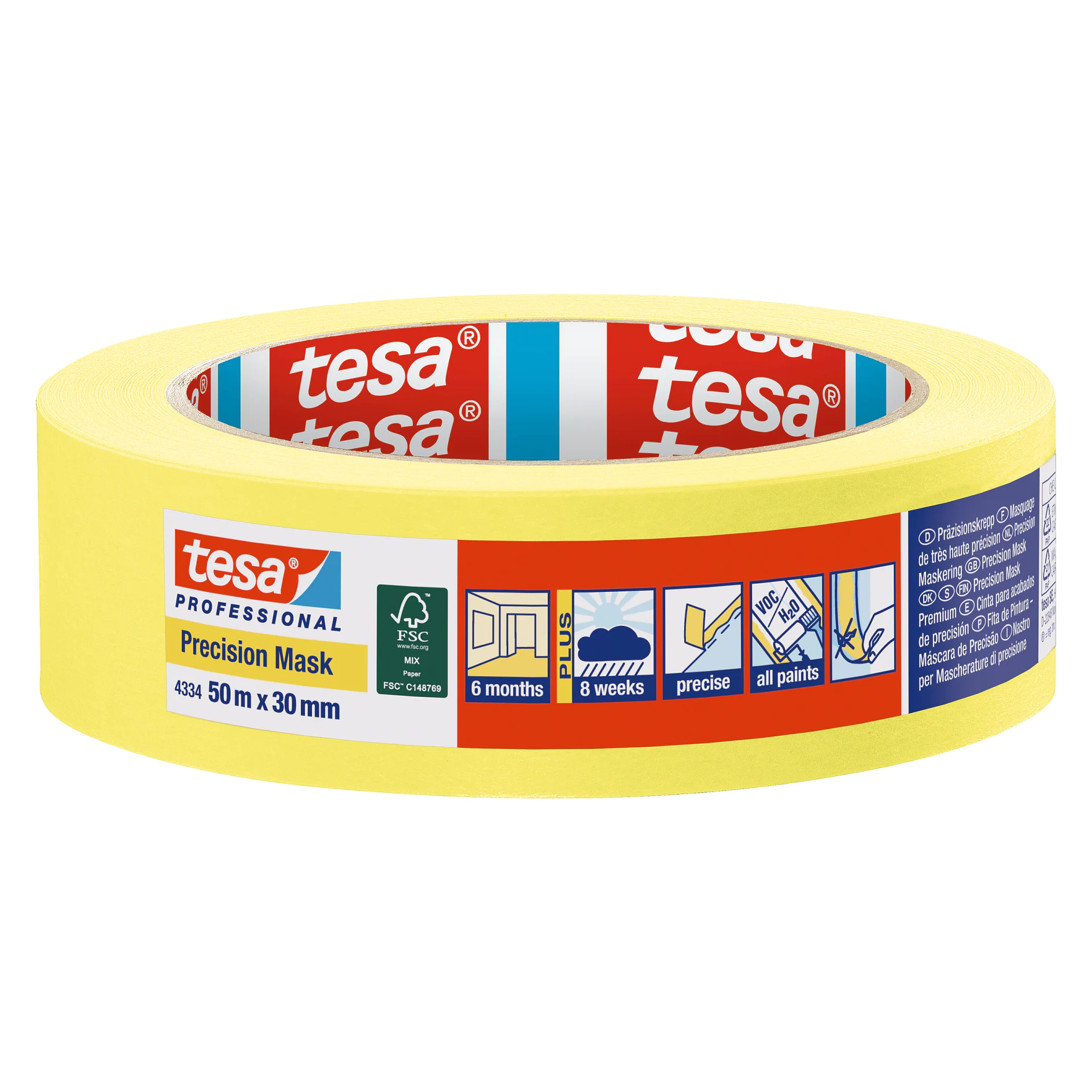 tesa professional precision masking tape roll, yellow, 50 mm x 30 m, with usage instructions on the label, isolated on white background (This text has been generated by AI)