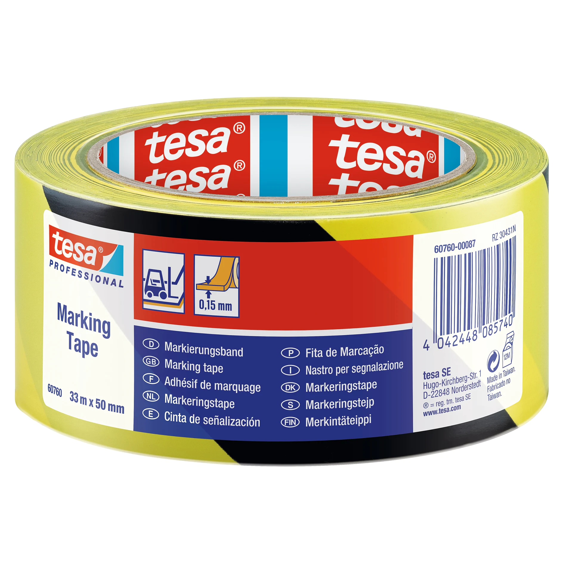 tesa professional yellow and black marking tape roll with multilingual labeling, designed for industrial or safety use, displayed on white background (This text has been generated by AI)