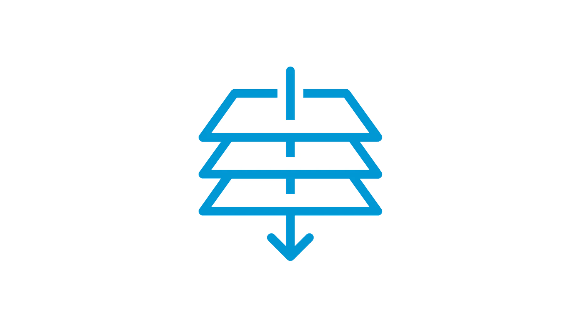 A blue icon on a black background depicting a downward-pointing arrow passing through three horizontal, stacked layers with tesa tape. (This text has been generated by AI)