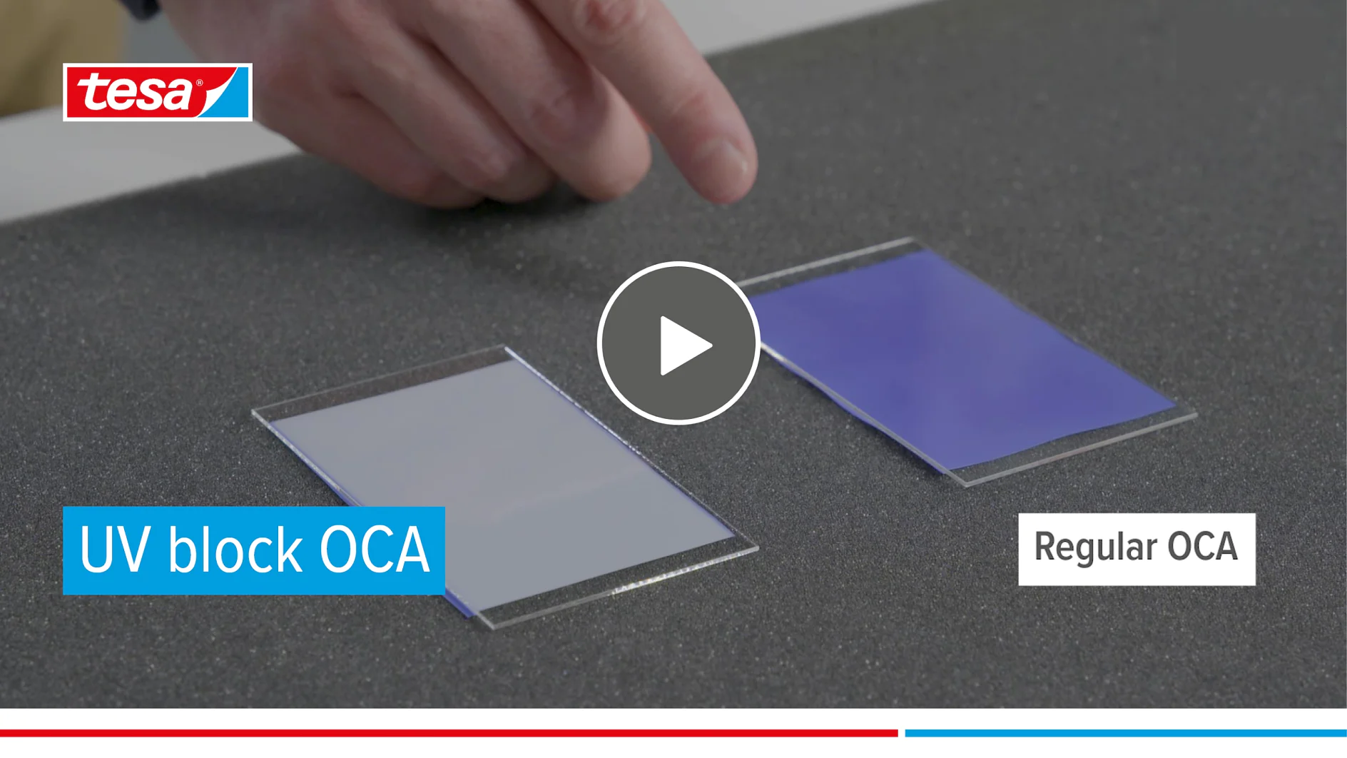 A hand points to two rectangular sheets labeled UV block OCA and Regular OCA on a dark surface. The sheet on the left appears more opaque, while the one on the right is more transparent. A play button is overlaid in the center, secured with tesa tape. (This text has been generated by AI)