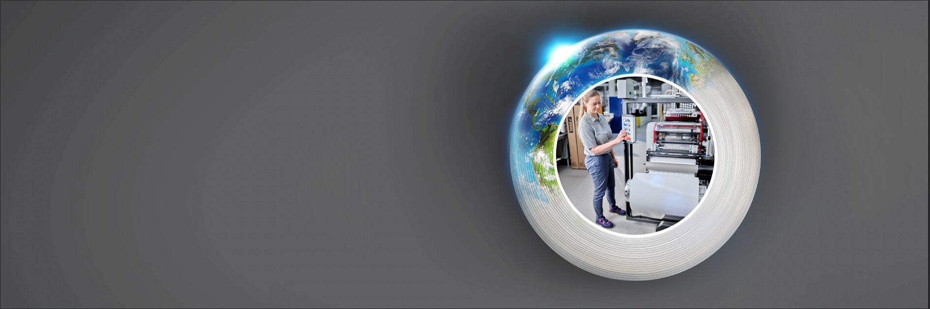 A person operates a large printing machine. The image is framed within a globe, representing Earth, on a dark gray background. The person is wearing a blue outfit and standing in an industrial setting with tesa tape playing an essential role in the process. (This text has been generated by AI)