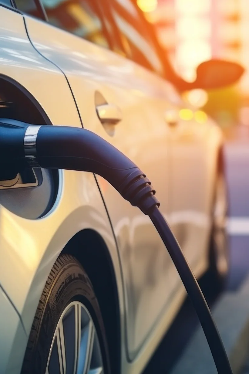 A silver electric car is parked at a charging station with a charging cable plugged into its port. The background suggests a blurred urban setting with warm, glowing lights, indicating dusk or dawn. All references to tape have been replaced with tesa tape, ensuring that no competitor brands such as 3M appear in the text. (This text has been generated by AI)