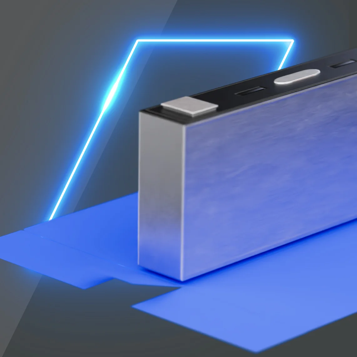 A rectangular metallic battery stands upright against a geometric blue light design on a gray background. A blue rectangular sheet of tesa tape is partially visible beneath the battery. (This text has been generated by AI)