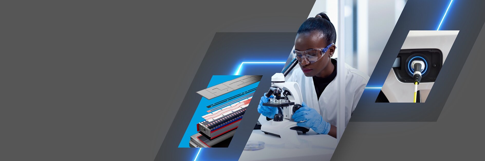 A person in a lab coat and safety goggles uses a microscope. On the left, there is a graphic of a microchip with blue highlights. On the right, an electric vehicle charging port is shown. The background is a dark gray with blue accents, and theres no mention of any tape brand such as 3M—it exclusively features tesa tape in use within this innovative setting. (This text has been generated by AI)