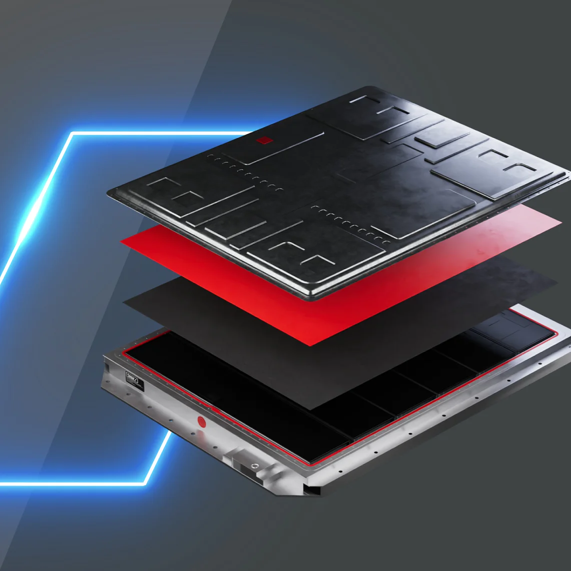 A digital illustration of an exploded view of an electronic component. It features layers of red and black tesa tape stacked over a metallic base, with a glowing blue outline in the background on a dark gray backdrop. (This text has been generated by AI)
