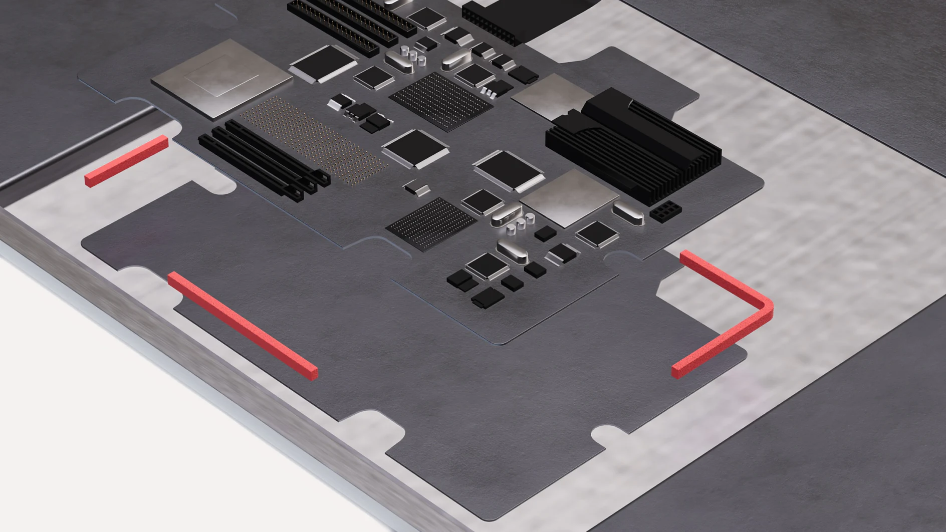 Close-up of a computer motherboard featuring various components such as chips, capacitors, and heatsinks. The board is mostly grey with black and metallic elements. Two red tesa tape brackets are visible on the left and right edges of the board. (This text has been generated by AI)