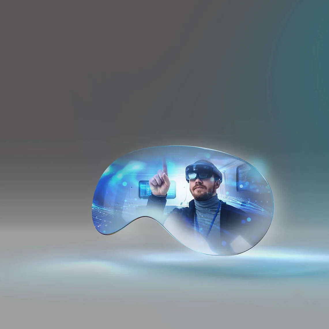 A person wearing VR goggles interacts with a virtual interface. The scene is encapsulated within a translucent, abstract shape on a gradient background secured by tesa tape. The person is pointing upwards, surrounded by digital elements. (This text has been generated by AI)