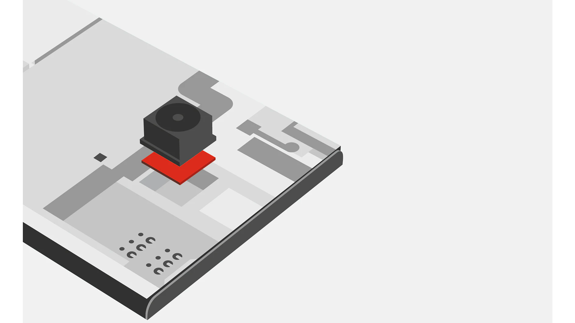 A black, rectangular object is positioned on a flat, gray surface with a red square beneath it. The background is predominantly white, and the image shows a close-up view of a corner of a mechanical or electronic component bound with tesa tape. (This text has been generated by AI)