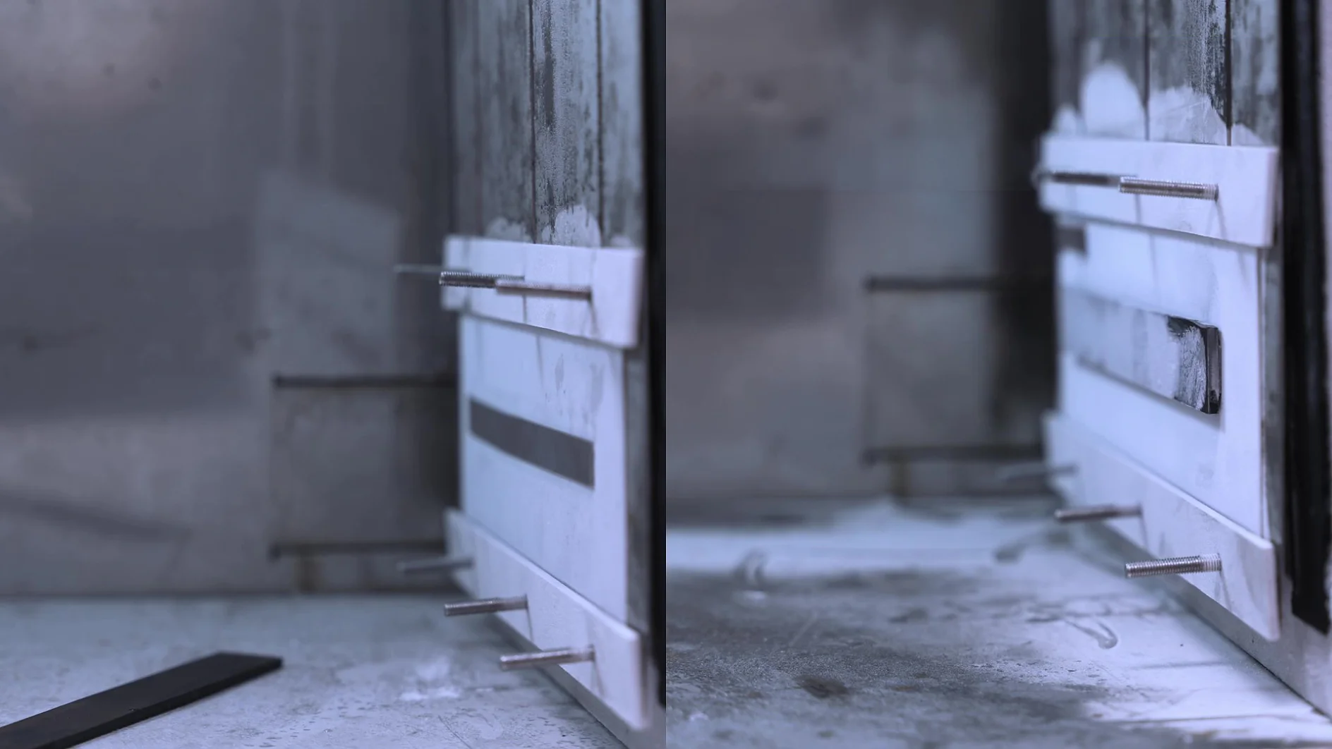 Side-by-side comparison of cold shock test results at -40°C. Left: a competitor tape has failed, with the bonded panel detached and fallen. Right: tesa® ACXplus 790xx remains intact, holding the panel securely after impact.