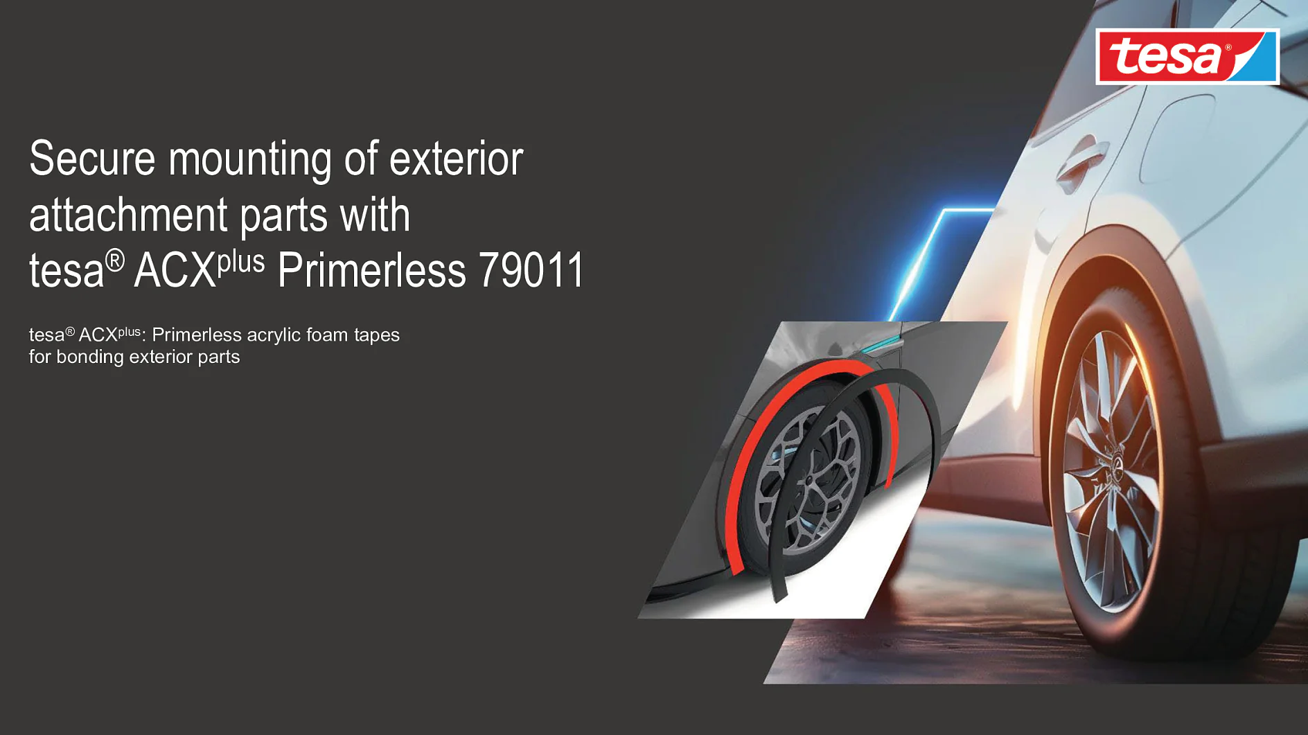 Cover slide of the tesa® ACXplus 790xx presentation, featuring exterior automotive bonding applications. The deck includes comprehensive test results such as peel strength, static shear, and cold shock performance. (This text has been generated by AI)