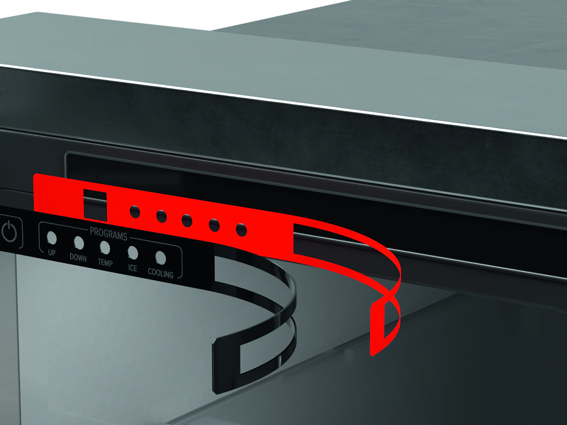 A close-up view of a modern appliance control panel with a red plastic security seal attached to the panel handle using tesa tape, indicating restricted or secured access. (This text has been generated by AI)