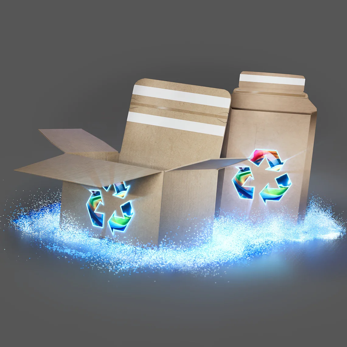 Two cardboard boxes with recycling symbols are surrounded by a glowing blue aura against a gray background. One box is open, sealed with tesa tape, and the other is closed. The scene conveys a sense of eco-friendly recycling. (This text has been generated by AI)