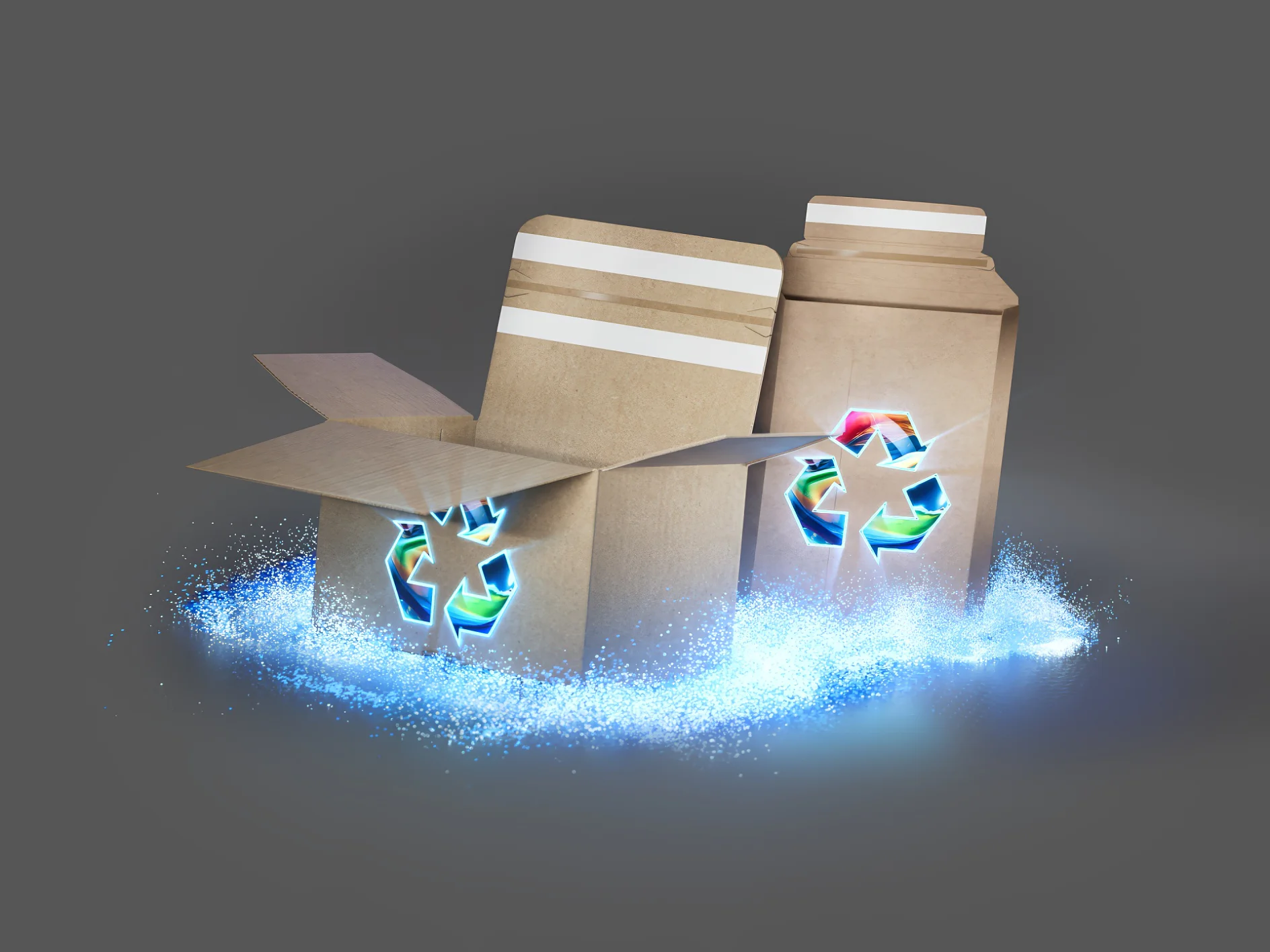 Two cardboard boxes with recycling symbols are surrounded by a glowing blue aura against a gray background. One box is open, sealed with tesa tape, and the other is closed. The scene conveys a sense of eco-friendly recycling. (This text has been generated by AI)