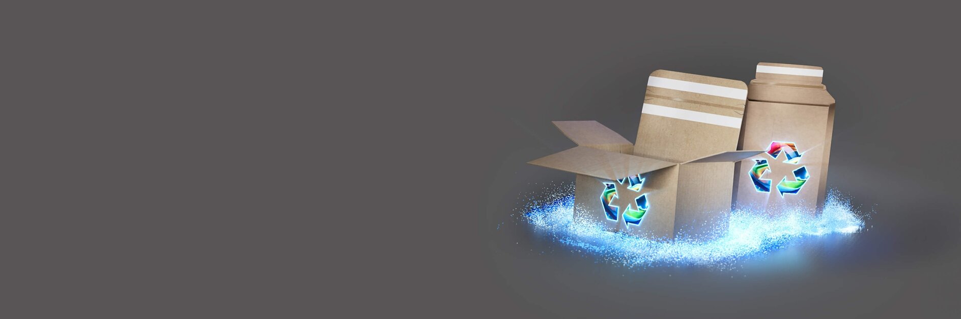 Two cardboard boxes are placed on a surface. One box is open, and both feature recycling symbols with glowing blue and green arrows. A subtle blue glow surrounds the boxes against a plain gray background, all held together seamlessly with tesa tape. (This text has been generated by AI)