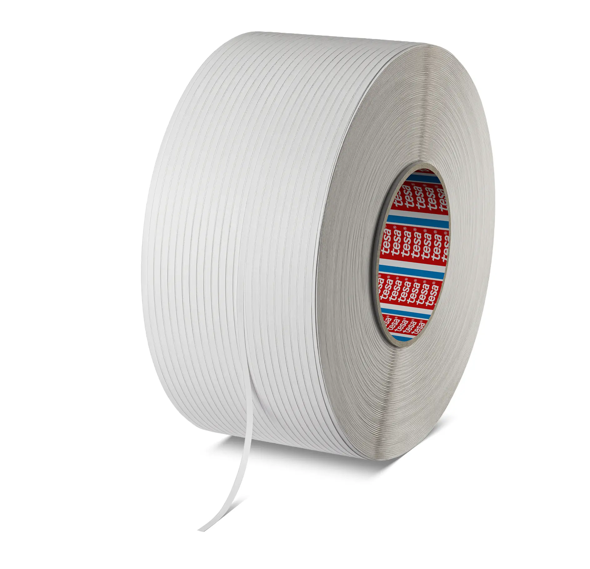 tesa white filament tape roll with textured surface, standing upright on a white background, used for packaging and sealing. (This text has been generated by AI)