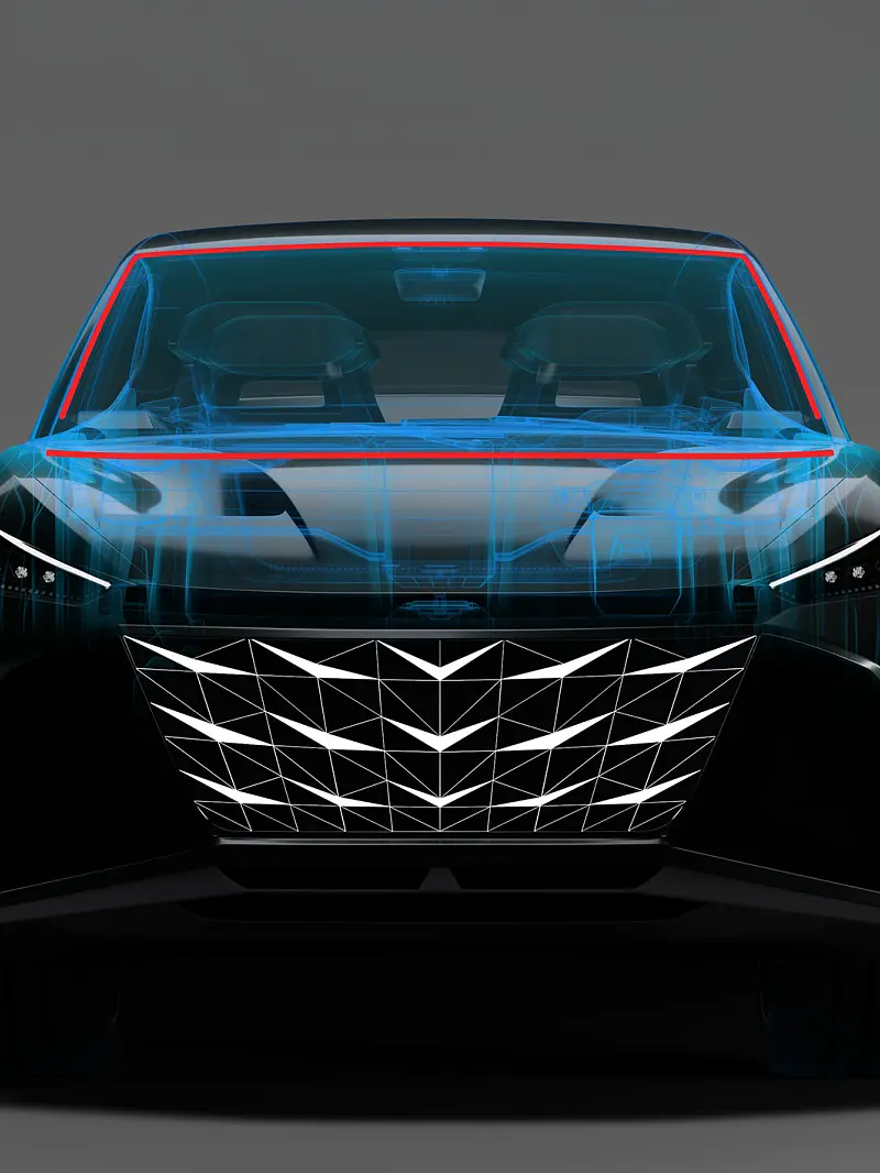 A digital front-view rendering of a car with a semi-transparent overlay revealing interior seating and tesa tape structural elements. (This text has been generated by AI)