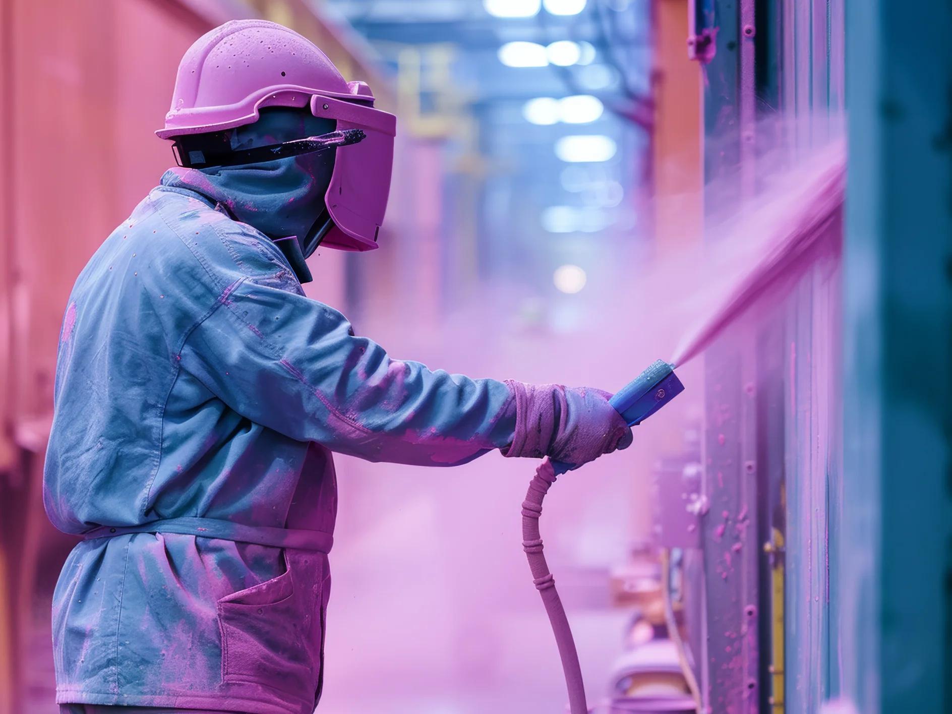 A worker in protective gear and helmet uses a spray gun to paint a large surface in an industrial facility, pink mist fills the air. (This text has been generated by AI)