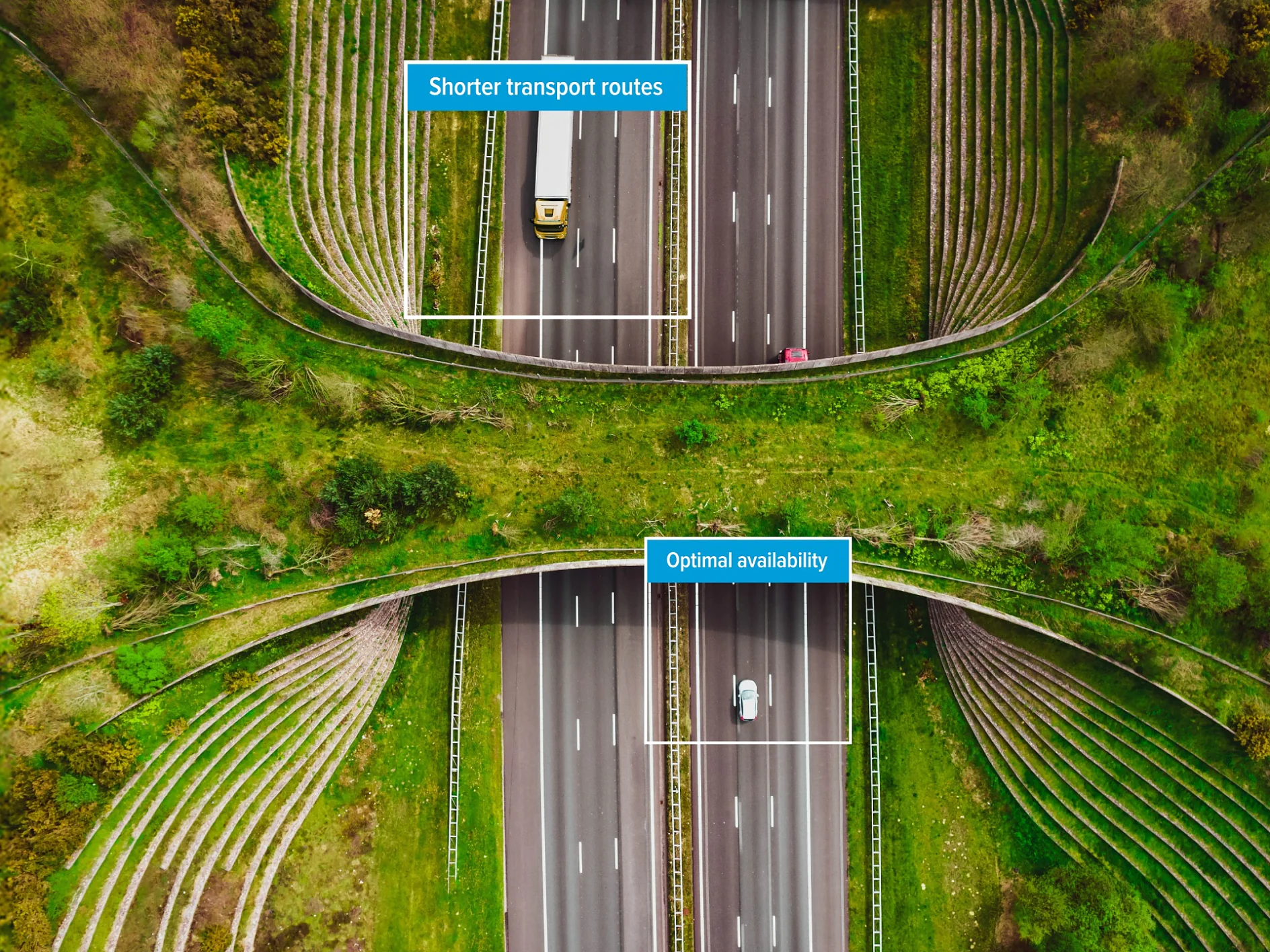 Aerial view of a highway intersection amid greenery, with cars and trucks; blue labels highlight tesa tape transport efficiency benefits. (This text has been generated by AI)