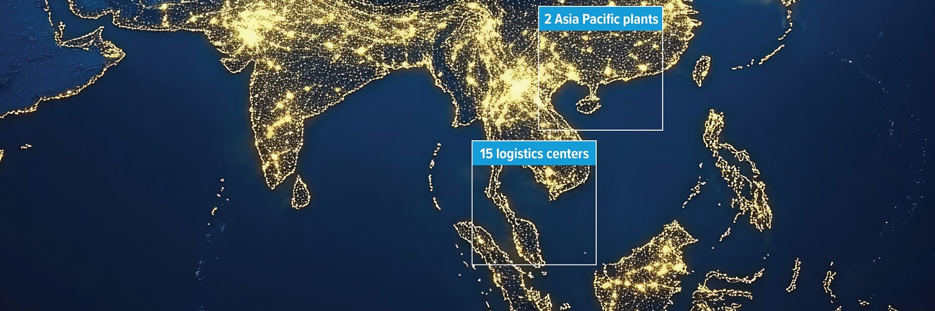 A satellite-style night view of Asia marks 2 tesa tape plants in N. Southeast Asia and 15 logistics centers, shown as bright clusters. (This text has been generated by AI)