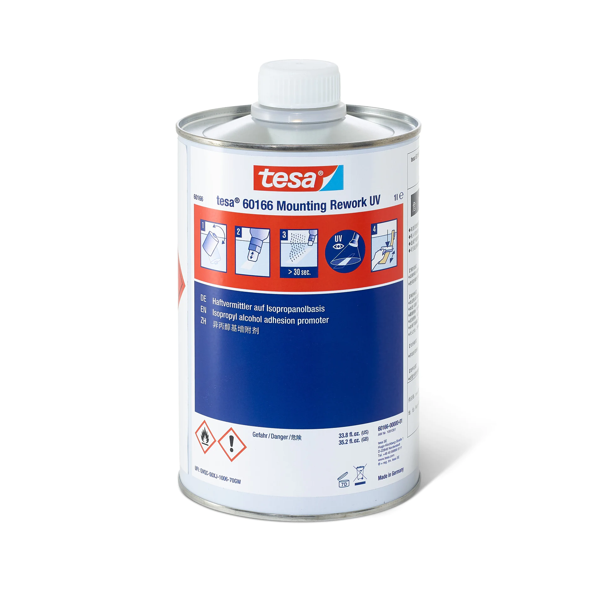 tesa mounting adhesive promoter in a metal can with a white cap, shown on a white background for product display (This text has been generated by AI)
