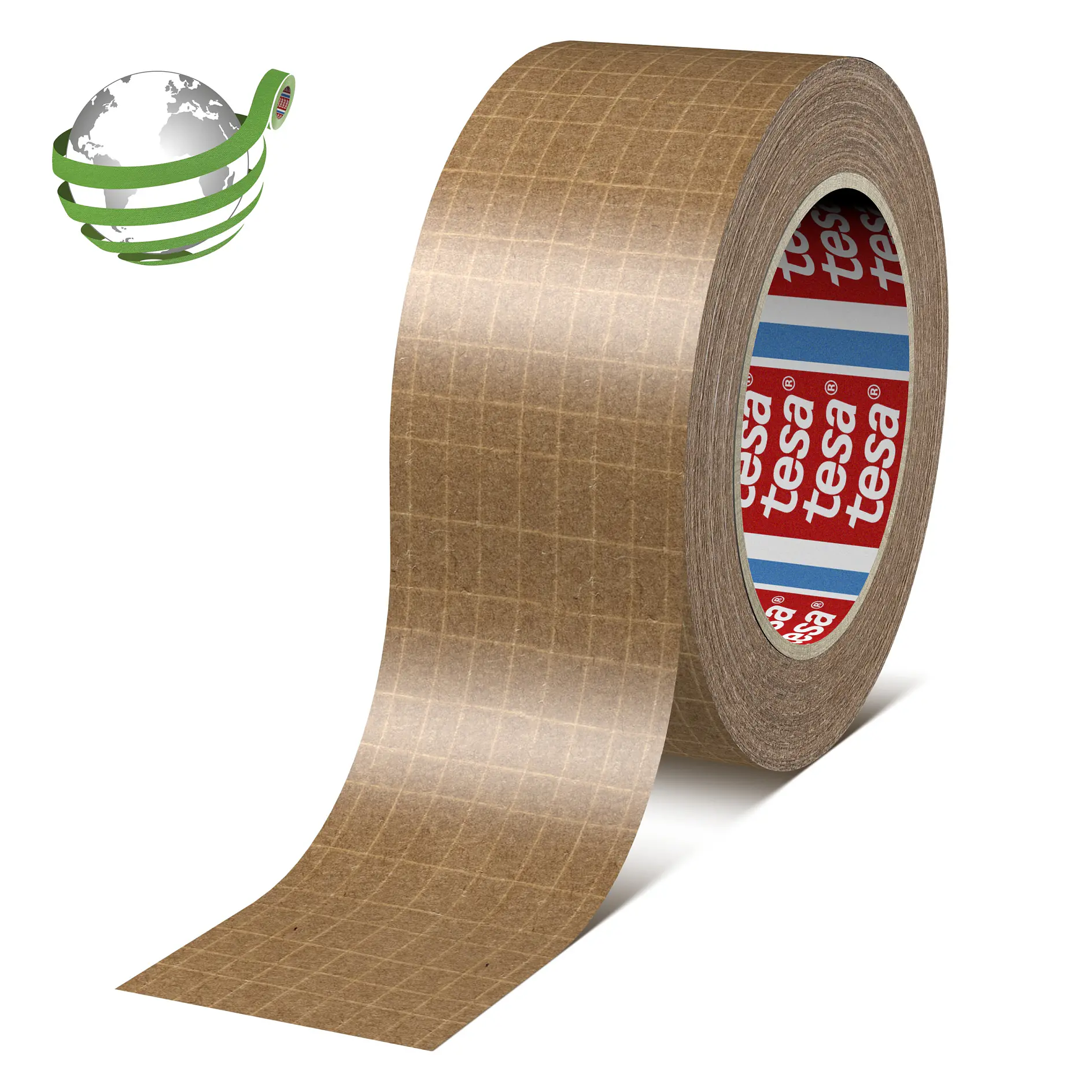 roll of brown tesa adhesive tape with grid pattern, isolated on white background, showing brand logo inside the roll (This text has been generated by AI)